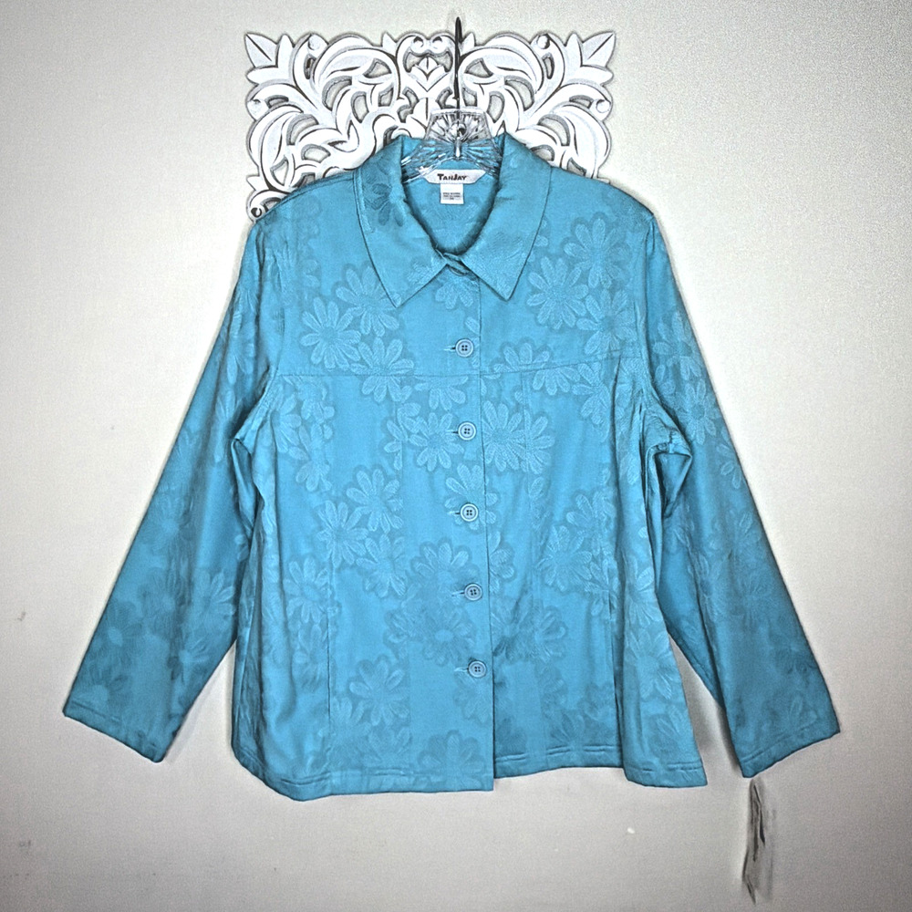 TANJAY Women's 14 Jacquard JACKET Button Front side Pockets TURQUOISE Aqua NWT